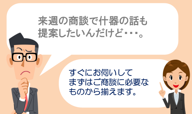 来週の商談で什器の話も提案したいんだけど・・・。　すぐにお伺いしてまずはご商談に必要なものから揃えます。